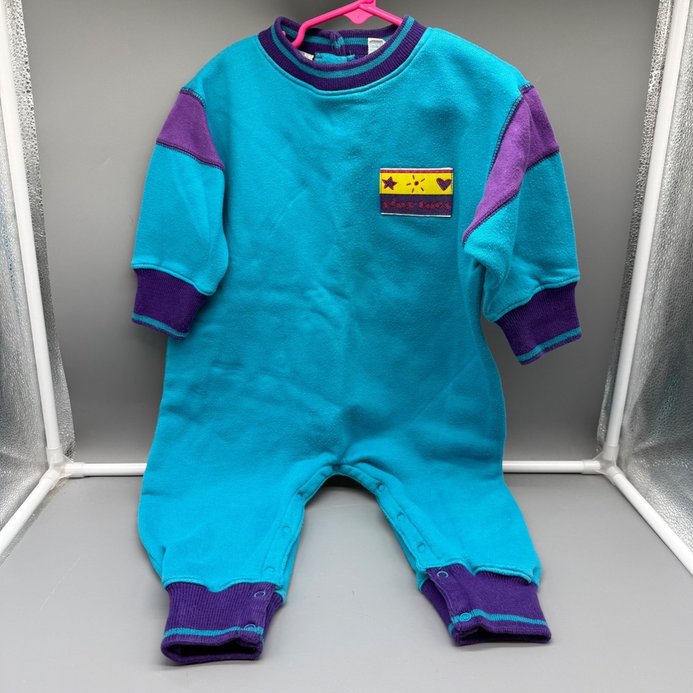Vintage 90s Tiny Toes Kids Teal Purple Colorblock Fleece Coverall Romper 18M